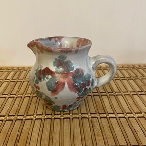 Bybee Pottery -Painted Creamer Pitcher in White with Red and Green Floral Motif